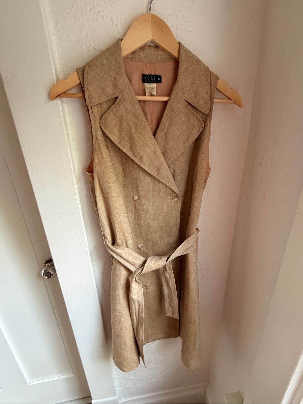Vintage Linen Michael Kors Sleeveless Double-Breasted Belted Dress in Tan